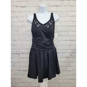 8R BLACK A350351 Denim & Co. Beach Laser Cut Swim Dress